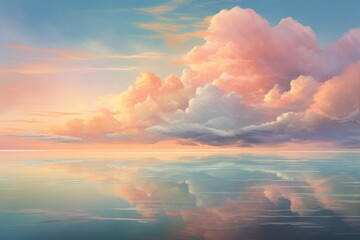 This painting captures a picturesque sky brimming with a variety of fluffy clouds, A tranquil depiction of soft, blending hues reminiscent of a sunset, AI Generated
