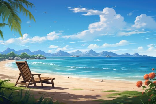 This peaceful painting depicts a serene beach with gentle waves, and a lone chair inviting relaxation, A tranquil beach scene during a sunny day, AI Generated © Iftikhar alam