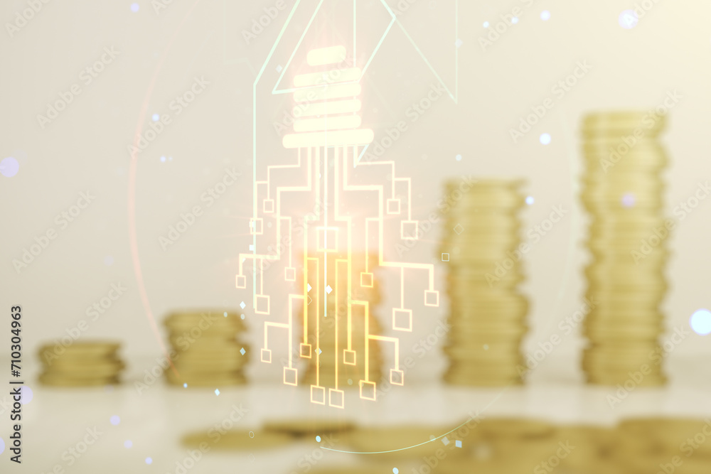 Fototapete virtual creative idea concept with light bulb and microcircuit illustration on stacks of coins backg