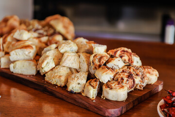 Assorted party snacks and food close up