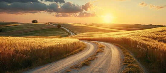 Fototapeta premium A sunset road winding through wheat and rye fields.