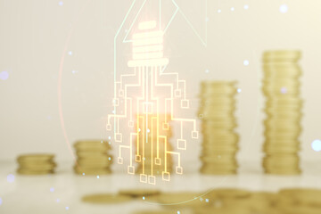 Virtual creative idea concept with light bulb and microcircuit illustration on stacks of coins...