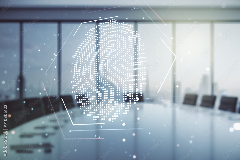 Poster Multi exposure of virtual abstract fingerprint illustration on a modern conference room background, digital access concept