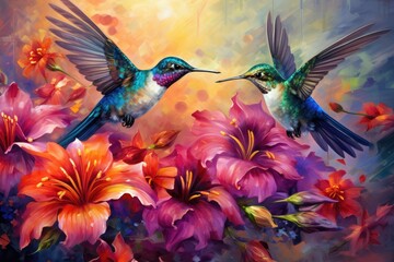 A vibrant painting capturing the graceful flight of two hummingbirds as they hover above a bed of colorful flowers, A trio of hummingbirds hovering over vibrant flowers, AI Generated