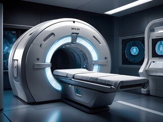 Advanced MRI Machine in High-Tech Radiology Room Displaying Brain Scans