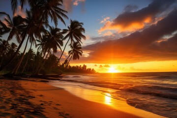 Stunning Sunset on Tropical Beach With Palm Trees Creates Tranquil Ambiance, A tropical beach at sunset with palms casting long shadows, AI Generated