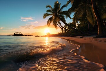 Witness a peaceful and captivating scene as the sun sets on a tropical beach, casting an ethereal glow over the serene waters, A tropical beach at sunset with palms casting long shadows, AI Generated