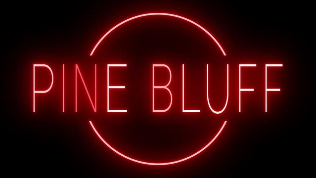 Flickering red retro style neon sign glowing against a black background for PINE BLUFF
