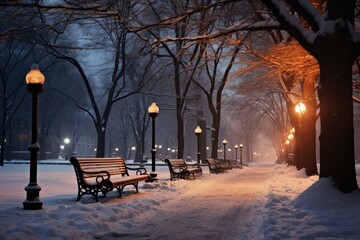 Fototapeta na wymiar A serene row of park benches covered in snow, providing a peaceful spot in a winter landscape, A twilight scene of a city park blanketed in snow, AI Generated