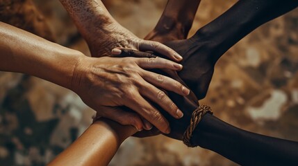 United Hands of Diverse People Joining Together in Natural Light, Symbolizing Unity and Collaboration