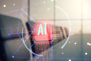 Double exposure of creative artificial Intelligence abbreviation hologram on a modern boardroom background. Future technology and AI concept - obrazy, fototapety, plakaty