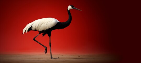A crane bird is seen in a portrait shot on a red background. - obrazy, fototapety, plakaty