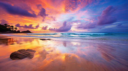 Fototapeta na wymiar beautiful phuket beach sunset colorful cloudy twilight sky reflection
