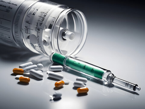 Medical Syringe, Assorted Pills, and Prescription Bottle on Reflective Surface