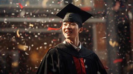 Obraz premium asian man graduate wearing a black and red graduation sash, And confetti flying around him