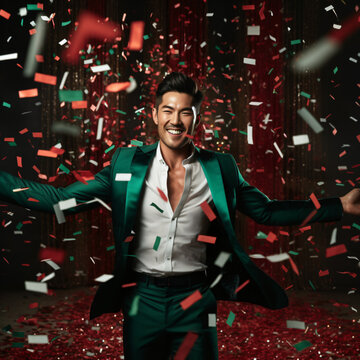 A man with Confetti scattering, winning goal. color of Ruby rose and dark emerald