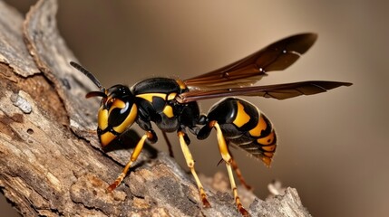 A photo of a wasp is seen sitting on top of a tree branch.