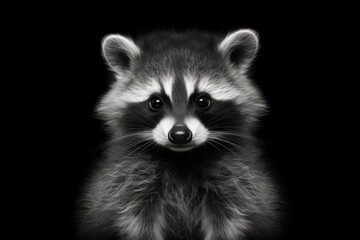 Obraz premium An extremely detailed black and white photo of a raccoon is seen.