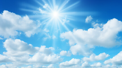 Naklejka na ściany i meble sunny background blue sky with white clouds and sun