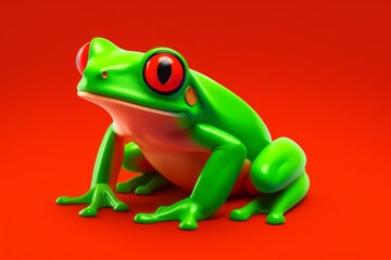 A green frog with red eyes is seen sitting on a red surface in a frog perspective.