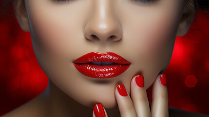 Beautiful girl showing red manicure nails and red lips. Woman Makeup, beauty and cosmetics concept. Copy space, 8 March, Valentine day, Birthday party, International women day - obrazy, fototapety, plakaty