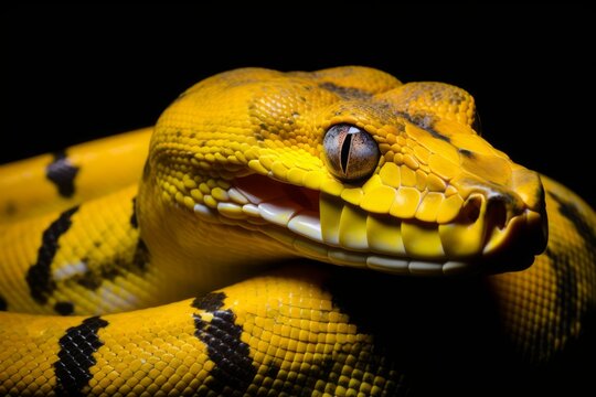 A yellow snake with a big head and open mouth is seen on a black background in a closeup portrait shot.
