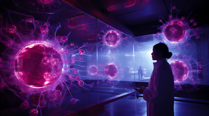 Scientist Analyzing Virtual Pathogens,  scientist explores giant virtual representations of pathogens in a futuristic lab, symbolizing advanced medical research and technology.