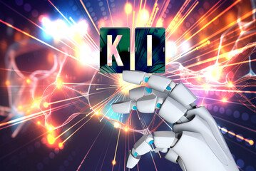 Hand eines Roboters und die Künstliche Intelligenz - obrazy, fototapety, plakaty