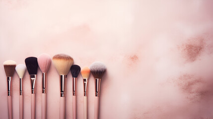 Set of professional makeup brushes on pink background ai generative - obrazy, fototapety, plakaty