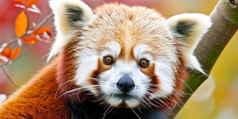 A red panda with a fierce expression and an inquisitive look is seen sitting on top of a tree branch. - obrazy, fototapety, plakaty