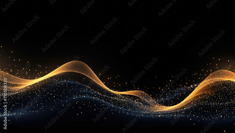 Canvas Prints flowing dot particles wave line pattern yellow gold gradient light isolated on dark black background