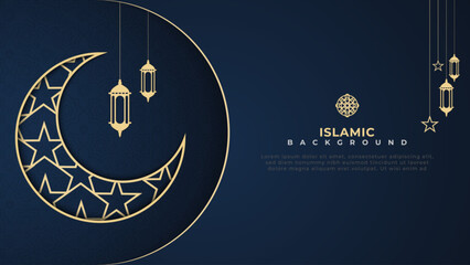 Simple dark blue islamic background with moon elements and hanging lamp - obrazy, fototapety, plakaty