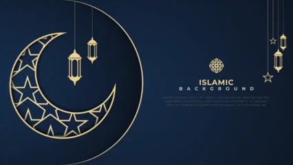 Fotobehang Simple dark blue islamic background with moon elements and hanging lamp © Satimcreative