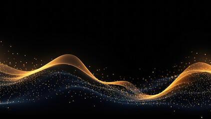 Flowing dot particles wave line pattern yellow gold gradient light isolated on dark black background. Concept of AI technology, science, soundwave, big data , website template, and landing page. - Powered by Adobe