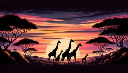  Giraffe Family Against Sunset 