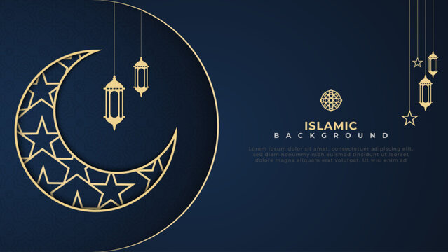 Simple dark blue islamic background with moon elements and hanging lamp