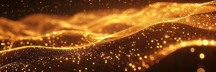 Abstract golden background with interweaving of colored dots and lines, Wave of dots and weave lines. Abstract background. Network connection structure.