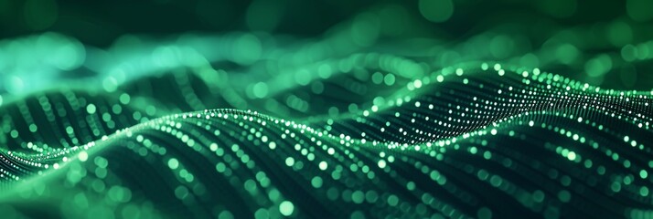 Abstract green background with interweaving of colored dots and lines, Wave of dots and weave lines. Abstract background. Network connection structure.