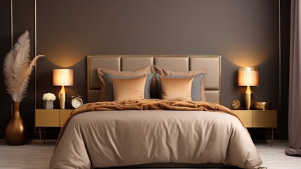 Luxurious bedroom design interior setting with plush beige and brown bedding, stylish nightstands, and warm ambient lighting