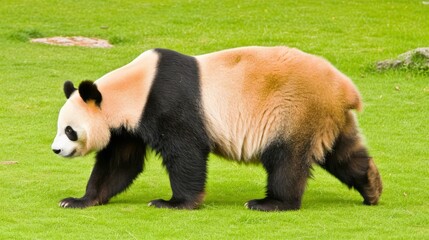 A cute giant panda is seen walking across a lush green field. - obrazy, fototapety, plakaty