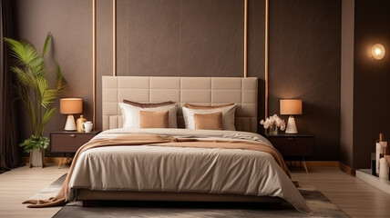 Luxurious bedroom design interior setting with plush beige and brown bedding, stylish nightstands, and warm ambient lighting
