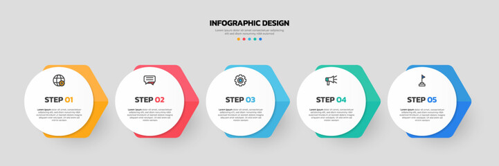 Modern business infographic template, hexagon shape with 5 options or steps icons.
