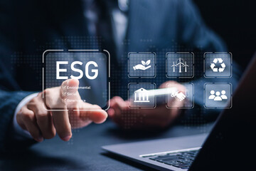 ESG environmental, social and governance. Businessman touch virtual global ESG icon for world sustainable environment concept. social business strategy, environment, business investment strategy