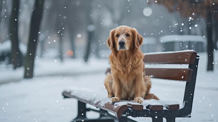 Golden retriever dog spaniel stands on a bench on snowy winter outdoor park with copy space, pet...