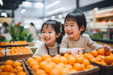 Asian cheerful children little boy and girl choose fresh sweet fruits in supermarket on the counter.