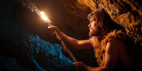 Caveman Wearing Animal Skin Exploring Cave At Night, Holding Torch with Fire Looking at Drawings on the Walls at Night. Neanderthal Searching Safe Place to Spend the Night - obrazy, fototapety, plakaty