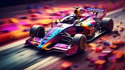 A racing car speeding on the track with a burst of colors in the background