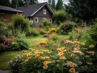 Fototapeta na wymiar Garden in spring, old house in the garden, villa design, country style villa, old house in English garden, English garden