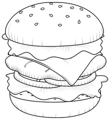 Burger doodle art. Outline fast food icon design illustration.