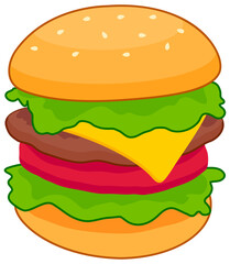Colorful Fast food, Burger. Unhealthy fast food classic nutrition illustration.